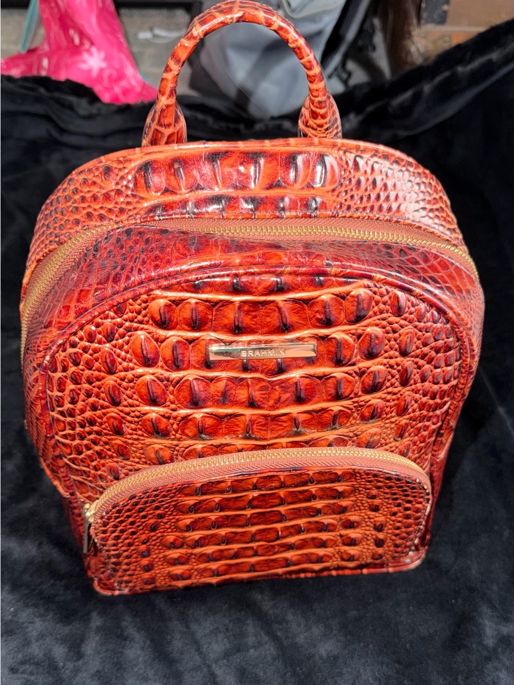 Brahmin Croc-Embossed Burnt Orange Leather Backpack - Picture 2 of 10